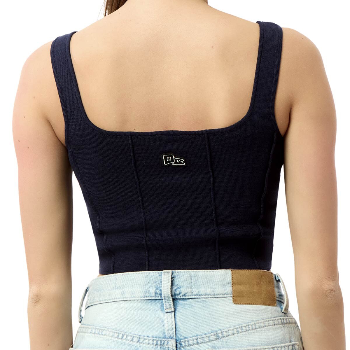 model wearing women's navy knit corset top back view